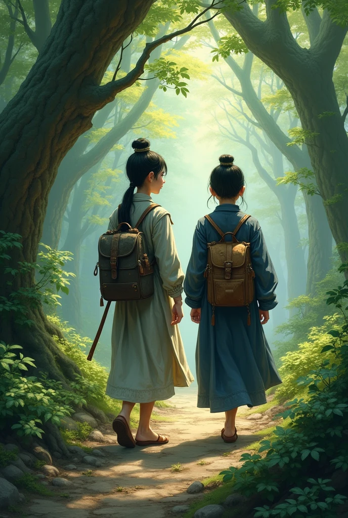 In ancient China during the Tang Dynasty, a young woman in an old grey dress and her younger sister in an old, torn dark blue dress carrying a backpack were walking in a dense forest. The sunlight was shining through the large trees.