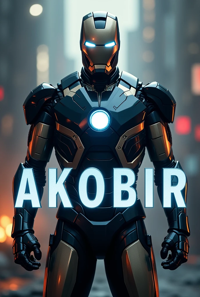 The name Akobir, in block letters, in front of the iron man mark 85 costume hero