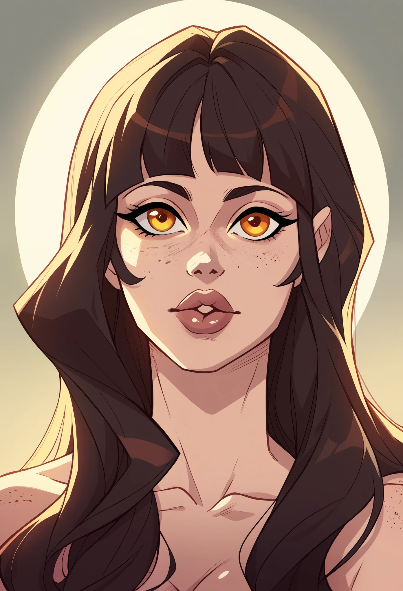 One girl, dark brown hair, straight hair, long hair, straight bangs, amber eyes, freckles on face, freckles, beautiful detailed eyes, beautiful detailed lips, extremely detailed face, longeyelashes,retrato, dramatic lighting, warm color palette, cinematic composition, masterpiece, 8k, high quality,