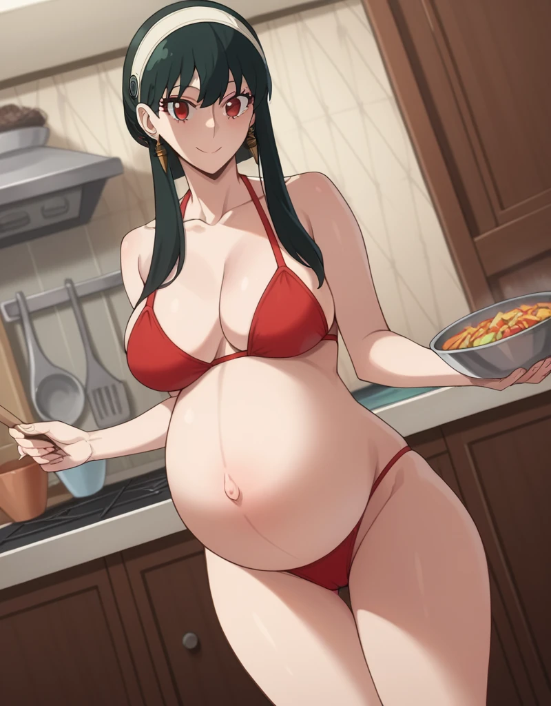 score_9, score_8_up, score_7_up, source_anime,
yorbriar, yor briar, black hair, red eyes, earrings, white hairband, hairband, long hair, sidelocks,
bare shoulders, bikini, panties, thighs,
Indoors, smile,
looking at viewer, dutch angle, cowboy shot, pregnant, huge belly, Cooking,