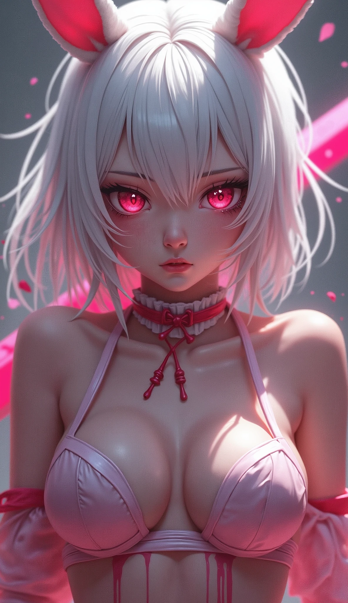 anime girl, white hair, white bunny ears, pink eyes, and pink fighting with a pink sword and angry all covered in blood, ((topless)), ((nude)), ((nipples)), (((enormous breasts))), high quality, (RAW photo, best quality), (realistic, photorealistic: 1.4), (extremely delicate and beautiful: 1.4), amazing, fine details, masterpiece, ultra detailed, high resolution, best illustration, best shadow, intricate, ( extremely intricate: 1.2), (exquisitely detailed skin), cinematic light, perfect anatomy, (cool color: 1.4), sharp focus, 8k UHD, DSLR, (Fujifilm XT3),Epic Fantasy Art Style HD, 4K fantasy art, epic fantasy digital art style, epic fantasy art style, Fantasy Woman, epic fantasy art portrait, Epic fantasy style, hyperrealistic fantasy art, hd fantasy art, Epic fantasy character art, epic fantasy art, in style of dark fantasy art, epic fantasy digital art, blood dripping from eyes, sexy,