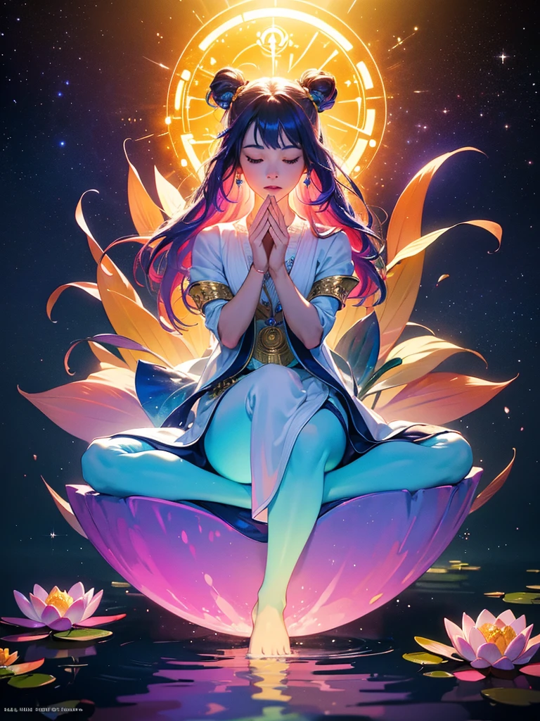 Colorful glow, Spectrum of light surrounding yoga postures and the seven chakras, Vibrant colors、An explosion of colors, Beautiful woman in white clothes sitting on a water lily, Complicated stuff, The background is complicated, spiritual, god聖な, dream-like, Cosmic, Shocking, god, pineal gland, dream-like, (Highly detailed CG Unity 16k wallpaper:1.1), (Noise reduction strength: 1.45), (masterpiece:1.37), Ultra-realistic, god rays, Ray Tracing, Ultra-high resolution, Awards