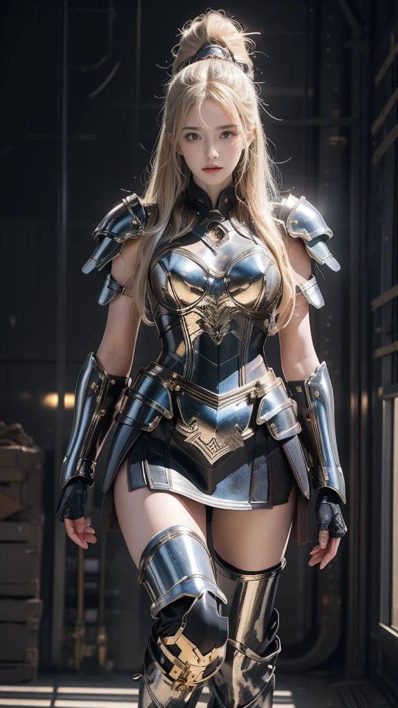 masterpiece，High-definition CG illustration，Beautiful Female Warrior，Detailed eyes and face，Tall figures，Blonde，Full Armor Equipment，Super Long Boots，Wear knee-length boots，Above the knee stockings，Bright armor color，Exquisite decoration，General temperament，Tall figures，Wide ass，Thick legs，A magnificent sight，Facing war