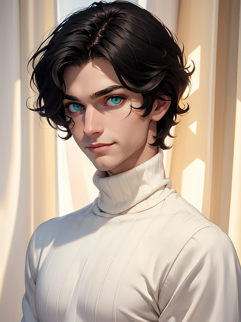 (best quality), 1boy, pale skin, black hair, medium hair, curtain hair, tousled hair, green eyes, perfect eyes, dark circles under eyes, handsome, light smile, attractive, turtleneck sweater, masterpiece, anatomically correct, highres
