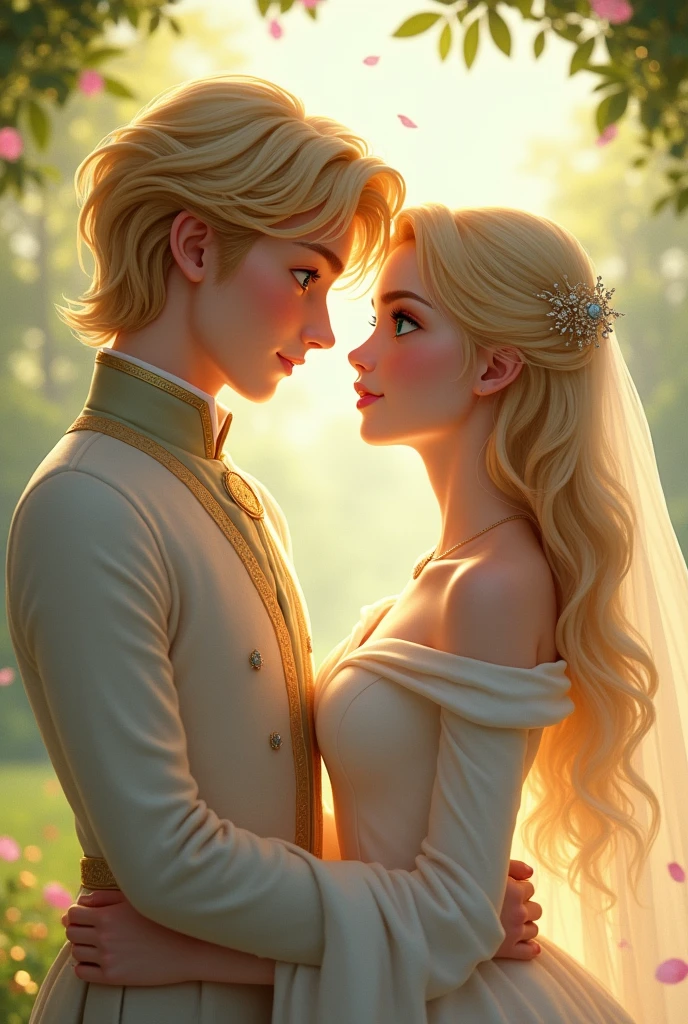 Beautiful pretty princess with blue eyes, with natural pink lips and straight eyebrows with blonde hair and a long white dress with sleeves down to her shoulders marrying a prince with green eyes and wavy blonde hair, different image