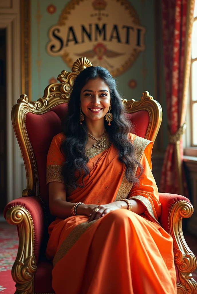 beautiful indian happy woman sitting in a big chair and behind the wall written "Sanmati"