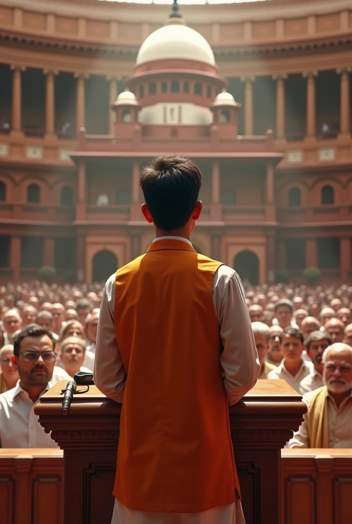 A young 2 leader giving a speech in front of Narendra Modi Amit Shah Atal Bihari Vajpayee in Bharat Parliament