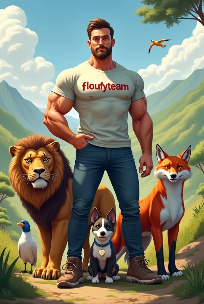 Crée un homme avec écrite floufyteam avec des animaux réaliste tout au tour