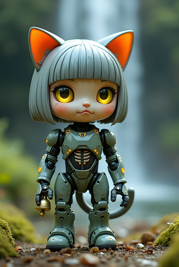 score_9, robot 행운, 1 woman, alone, yellow eyes, There are no humans, android, robot, robot joints, joints, humanoid robot, colored skin, bell, bob cut, Short hair, gray hair, tail, cat ears, pouch, nippers, belt pouch, looking at viewer, medium chest, outdoors, nature, waterfall, from below