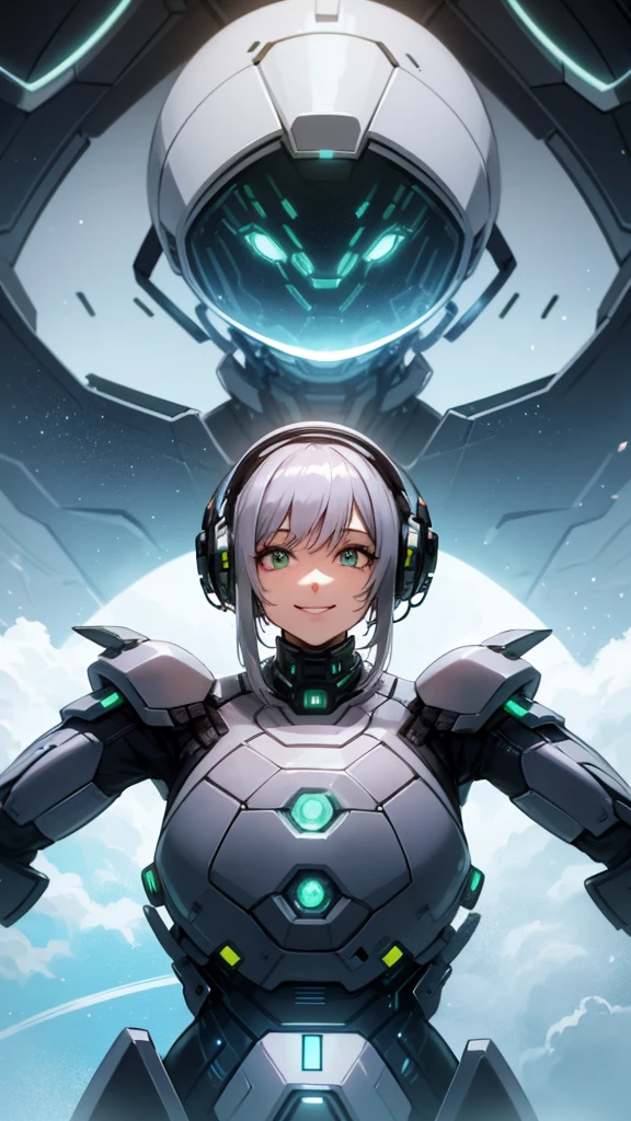 A beautiful silver-haired girl with high-tech headphones, smiling at the viewer. She has deep green eyes with a sense of depth and is lifting her hair slightly with one hand. She is standing on an alien planet with planetary habitation modules flickering in the distant background. The image should be of the highest quality, photorealistic in design.