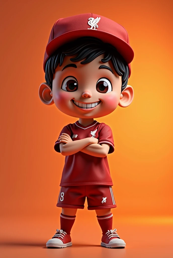 A cute manga cartoon character, small child, smiling wide with teeth showing, wearing a Liverpool cap, Liverpool shirt, standing with arms crossed, cold expression, detailed face, detailed clothing folds, dynamic pose, hyperrealistic, 8k, unreal engine, intricate details, warm lighting, vibrant colors