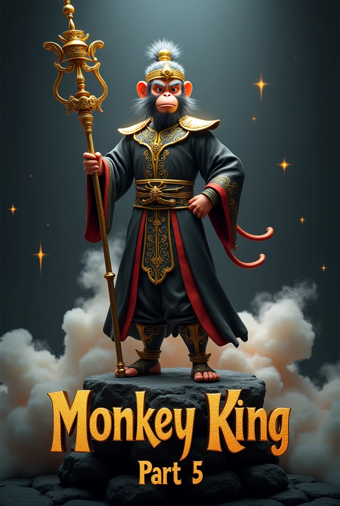 3D logo, a man who looks like an ape, a character from the movie Monkey King, wearing a black and golden son wukong costume, holding a gold staff and having a gold headband, is on a rock and is stylish, there is a name below in gold "Monkey King","Part 5", hyperrealistic, white smoke and bright lights in the background, black background