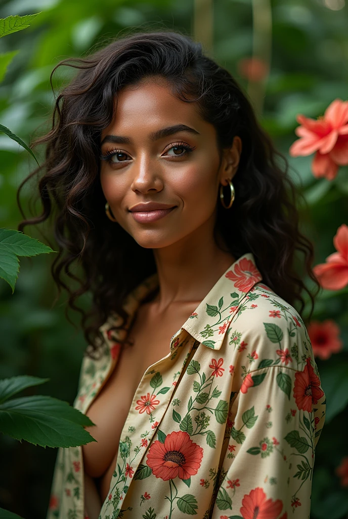 A Brazilian woman in a lush tropical garden, wearing an open shirt with a floral print, with a close-up capturing the harmonious beauty between her breasts and the natural flowers, showing off your natural charm and outgoing personality.