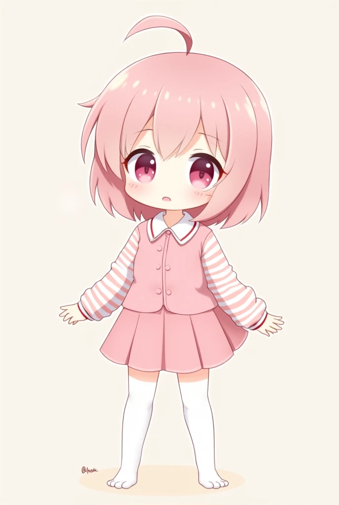 make a thin man anime style, tender and sweet expression, short pink hair, light and white skin, pink eyes, pink cheeks and lips, small and thin, pink dress, short short, striped shirt with pink and white stripes, white thigh high stockings
