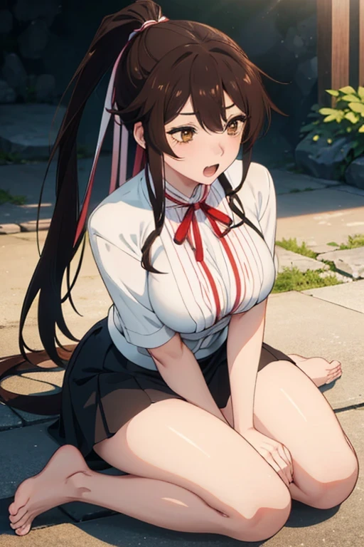 Full body, barefoot , open mouth filled with saliva , tounge, Hot women in kimino looking in front, breast popping out, Wet clothes,Sagiri Yamada Asaemon, with long black hair in a high ponytail, looking alluring and seductive, sitting on floor, hands on thighs, open chest, with large breasts, thick thighs and buttocks, blushing, (brown eyes:1.5), detailed, mature, high quality, ultra HD, photorealistic, cinematic lighting, dramatic atmosphere