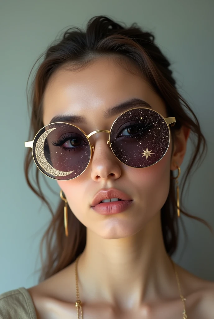 The model is wearing glass sunglasses with stars and the moon on the glass