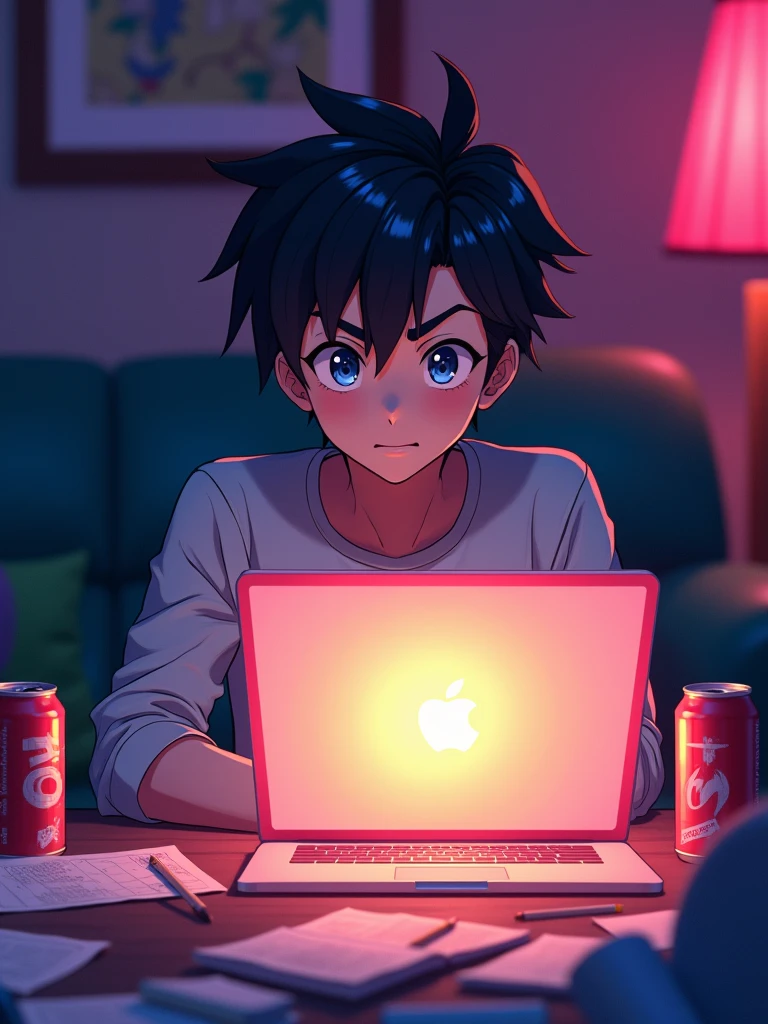 a vibran anime man , illuminated by the soft glow of his laptop screen, sits comfortably in his cozy room, surrounded by scattered papers and empty energy drink cans, at 9:16 PM, with a charming, expressive face, defined eyebrows, and skriking blue eyes, amidst a warm, golden lighting that adds a sense of intimacy, with a 9:16 aspect ratio, evoking a cinematic feel, as the background blends into a soft, dark purple hue, with subtle hints of neon pink and green accents, conveying a sense of nocturnal productivity and modernity