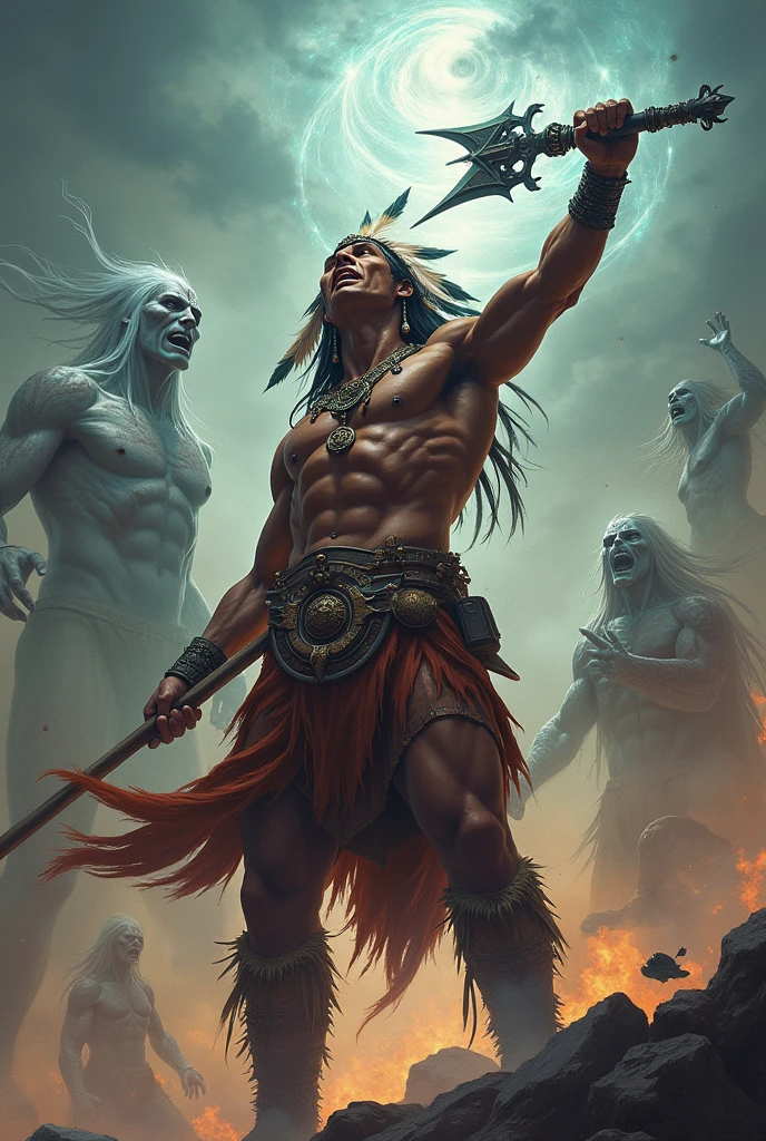 an Indian warrior killing a soul, with many souls behind him