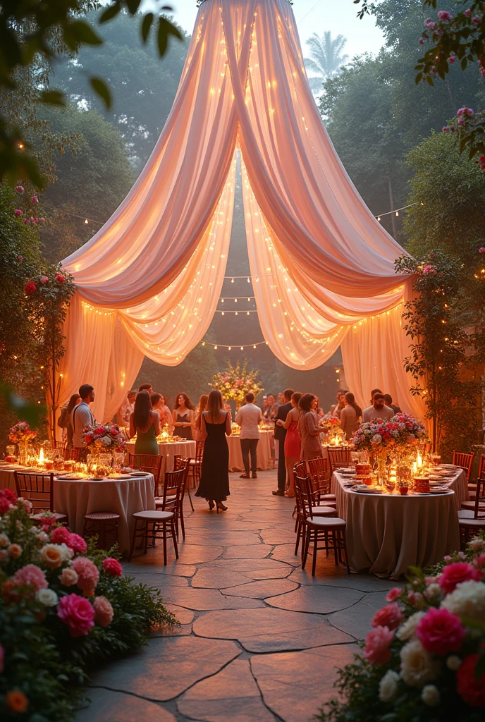 Create a party space with a huge voile gazebo with lights and flowers. Chairs and tables scattered around, a large table of barbecue food and another table with sweets
