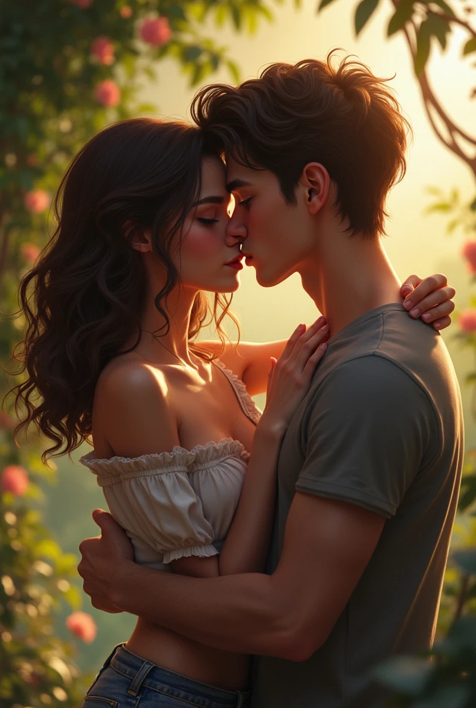 A couple kissing a brunette woman with curly hair and a white man