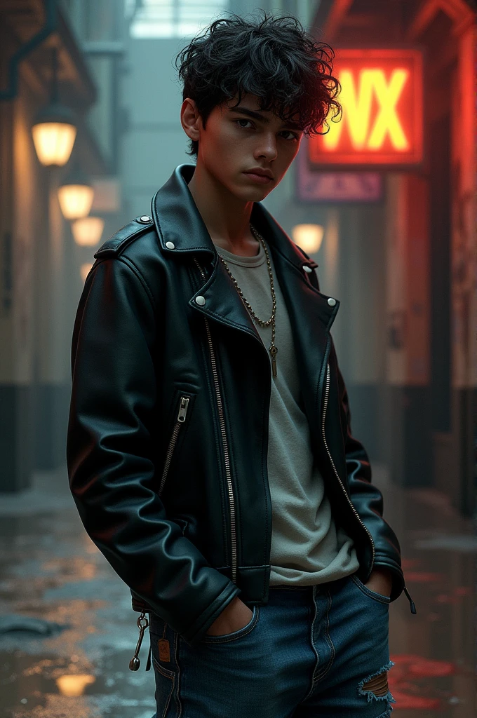 A boy wearing black leather jacket and  blue baggy jeans pant
