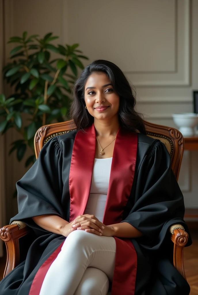 Wearing Academic regalia average wealthy sri lankan good beautiful girl(hot big breasts and butt) sit in chair