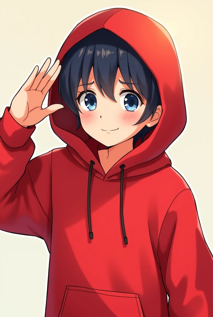 Create a high-resolution emote featuring a young person shown from the waist up, wearing a red hoodie. The character should have a friendly and expressive face, with a slight smile or smirk, and be in a slightly exaggerated, cartoonish style suitable for an emote. The colors should be bold and vibrant, with the red hoodie being the focal point. The emote should have a clean and polished look, optimized for small sizes while maintaining detail, making it perfect for use on the streaming platform Kick."Anime version, salute, hood on head Male In front of the camera he greets 