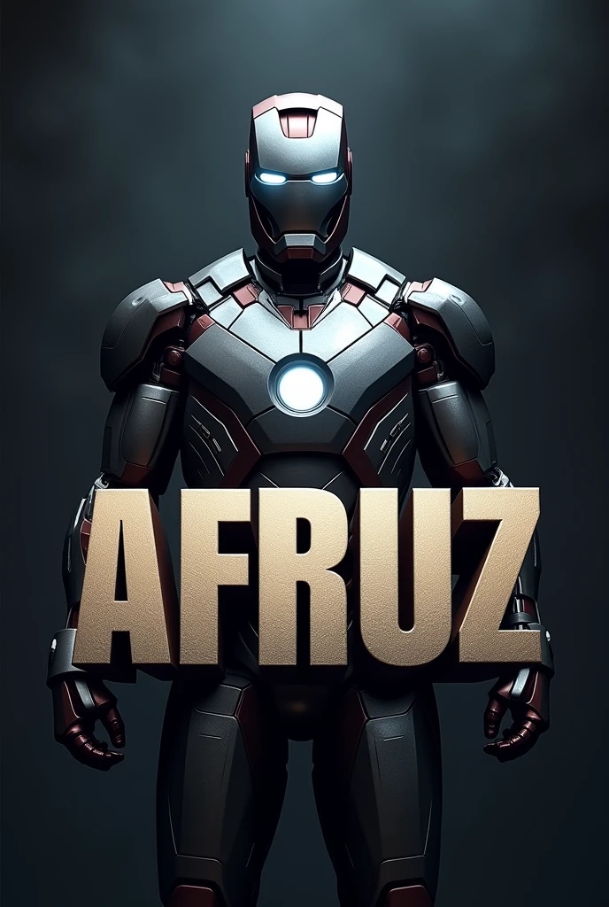 The name Afruz, in block letters, in front of the iron man mark 85 costume hero