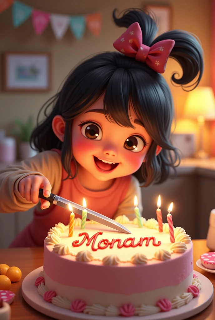 A girl celebrating her birthday cutting a cake over which name monam is written