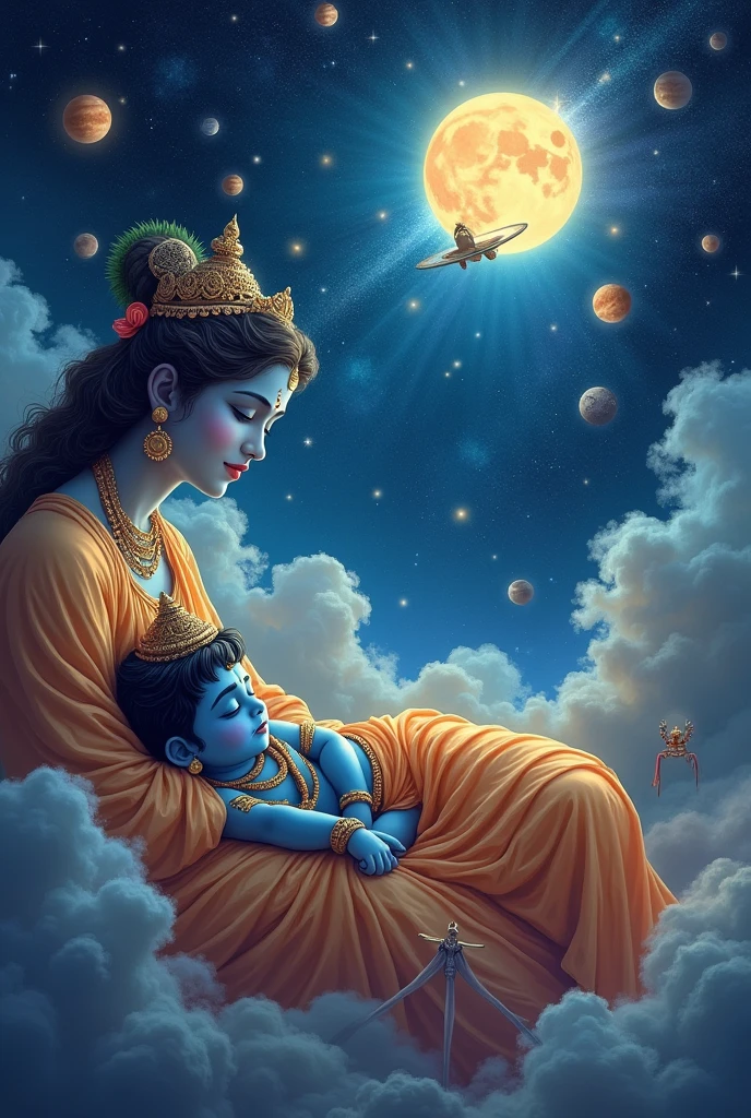 Lord Krishna in childhood Sleeping in the universe with mother the colour of krishna is blue where his head is on the mothers lap many planets are moving around him and many gods are looking at the sleeping krishna.