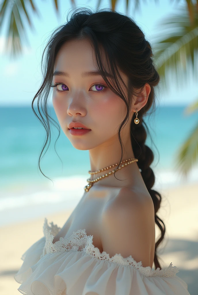 1 girl,high resolution, high qualiy, work of art, mxmkWhite Dress, storking , bare one shoulder, purples eyes, white gown, Braid, chocker, beachfront