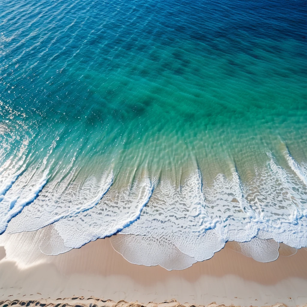 asterpiece,Best Composition,Top Quality,Dynamic Composition,Photorealistic,Aerial,Summer Beach,Rippling,Rippling,Blue Sea vs White Sand,No People.