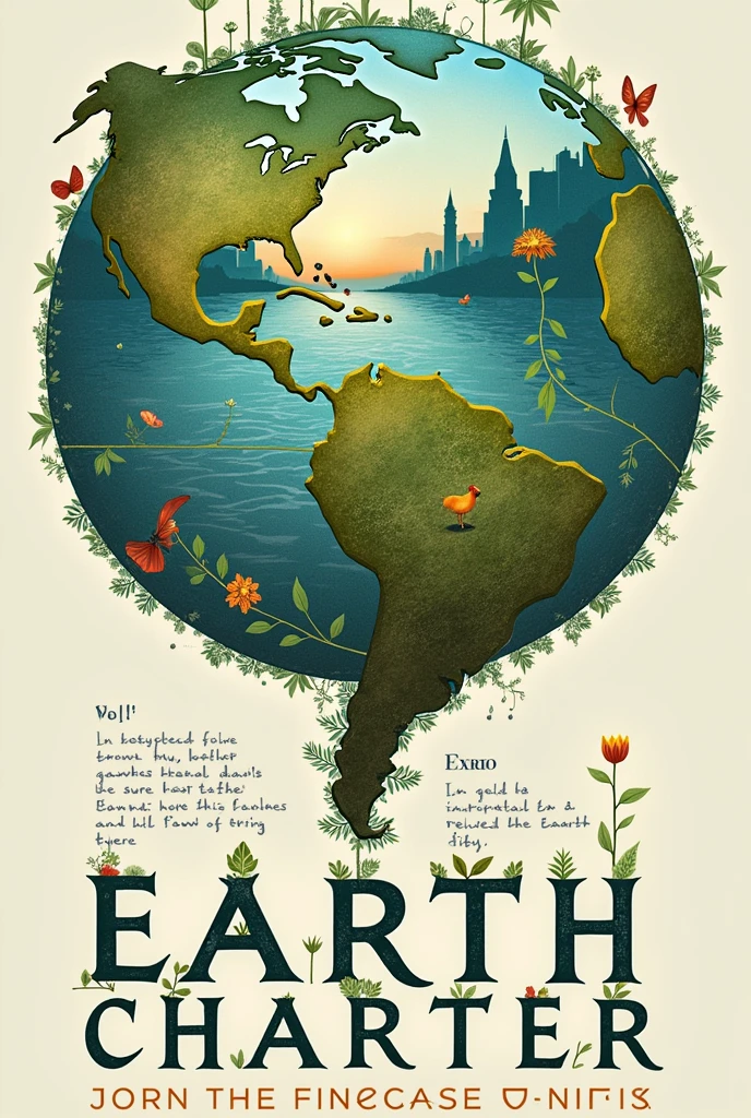 Create a poster to promote the Earth Charter based on the following text: I. Respect and care for the community of life The passage emphasizes the need to respect the Earth and all the diversity of life it harbors, recognizing that all living things are interconnected and have intrinsic value, regardless of its usefulness to humans. Affirms the importance of recognizing the inherent dignity of all human beings, valuing your intellectual potential, artistic, ethical and spiritual. Furthermore, highlights the importance of caring for the community of life with understanding, compassion and love, recognizing that the use and management of natural resources must be accompanied by a commitment to avoid harm to the environment and protect the rights of people. The passage also highlights the responsibility of using freedom, the knowledge and power acquired in order to promote the common good. In addition, advocates the construction of democratic societies that are fair, participatory, sustainable and peaceful, ensuring that everyone has their human rights and fundamental freedoms guaranteed, as well as the importance of preserving the Earth's gifts and beauty for future generations, recognizing that the actions of each generation must take into account the needs of the next, transmitting values, traditions and institutions that ensure the long-term prosperity of human and ecological communities.
II. Ecological integrity This excerpt highlights the importance of protecting and restoring the integrity of Earth's ecological systems., focusing on the conservation of biodiversity and the natural processes that sustain life. The adoption of sustainable development plans that integrate environmental conservation into all development initiatives is advocated.. This includes the creation and protection of nature reserves and marine areas to preserve ecosystems and biodiversity., beyond the recovery of endangered species. Management of resource use