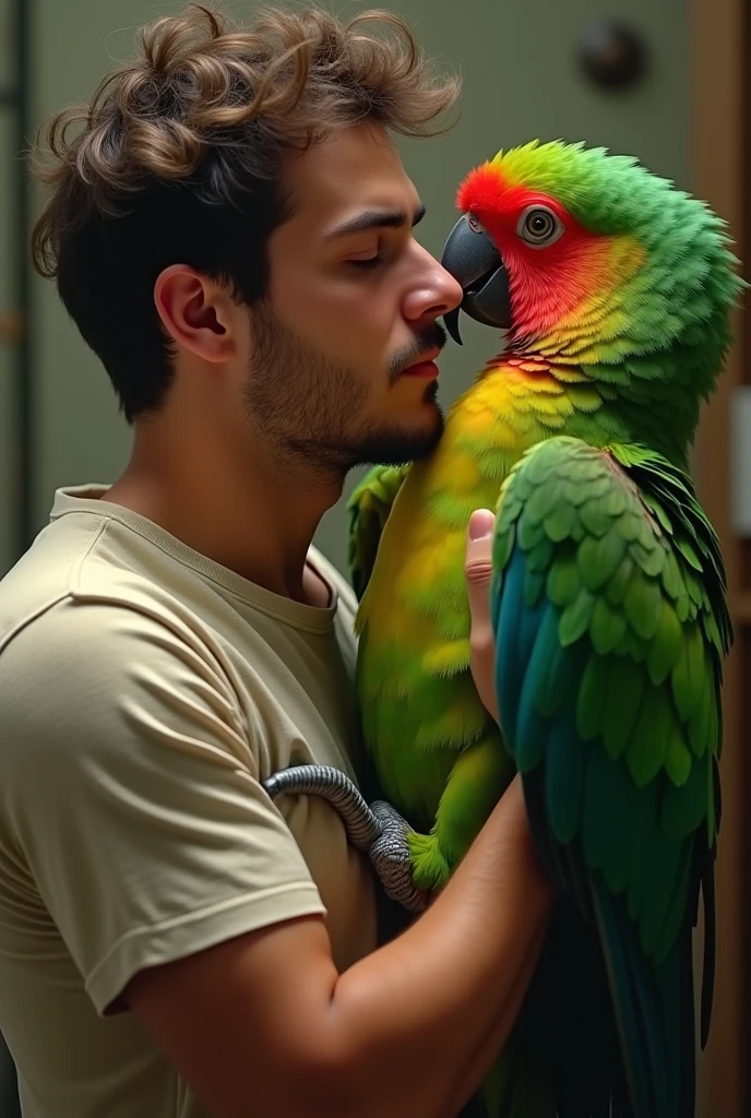 Slightly fat young white male with a stubble and short curly hair kissing with passion a green parrot with red mask