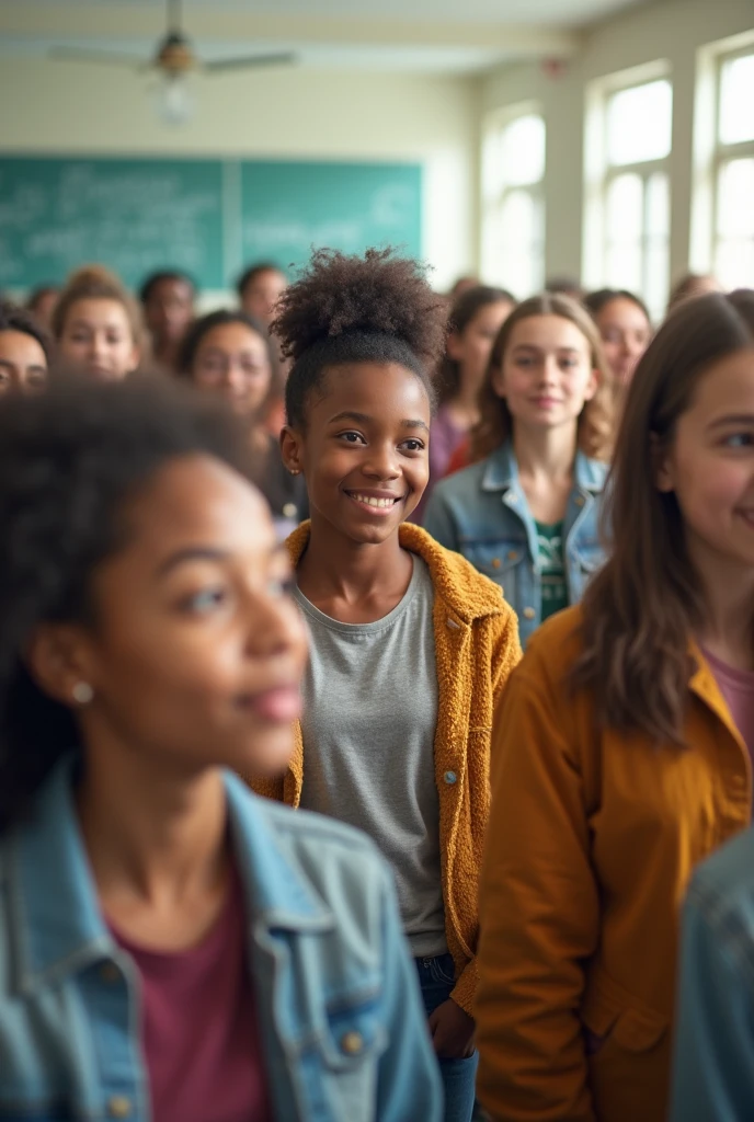 The image depicts young people of various ethnicities with a hopeful posture., symbolizing that youth is the future. They are in an environment that suggests education and learning, perhaps as students or technical school students. The soft colors and space to insert a message add an inspiring touch. 