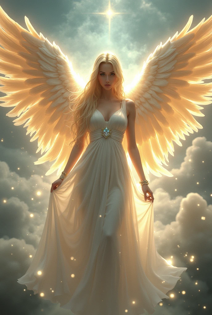Six Wings。High-ranking angels。god々Shii。Wearing a veil of light。Honey gold straight hair。Half Up。god's mysterious, downcast silver eyes。Vertically split iris。