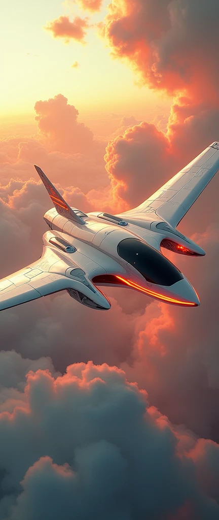 A Phoenix Aircraft Maca,Made of white metal, Soaring into the sky, Metal reflective body, Movie Lighting, Spread your wings and glide, Gliding posture, Glowing orange eyes, Glowing steel orange wings, Glowing steel orange tail, Iron Claw, Bright colors, Morning glory cloud background, Very detailed, Futurism, Sci-fi theme