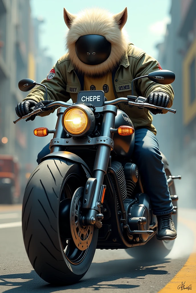 Motorcycle with a license plate that says Chepe with a Yeti helmet and a jacket that says Bey