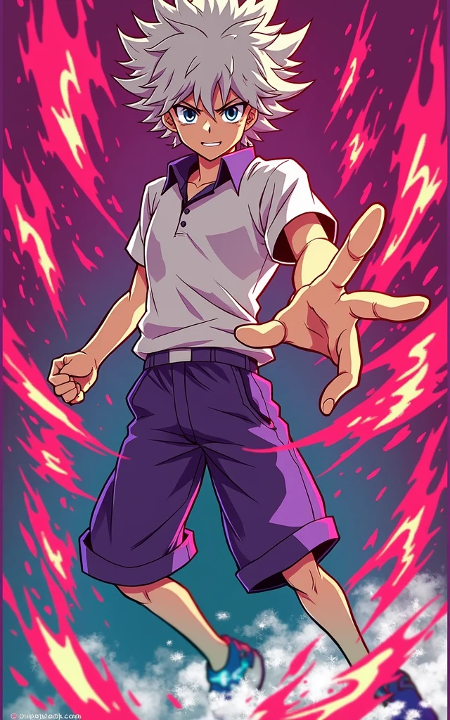 Make an art in the style of this image for the character Kilua from Hunter x Hunter in purple colors, white shirt and purple shorts.