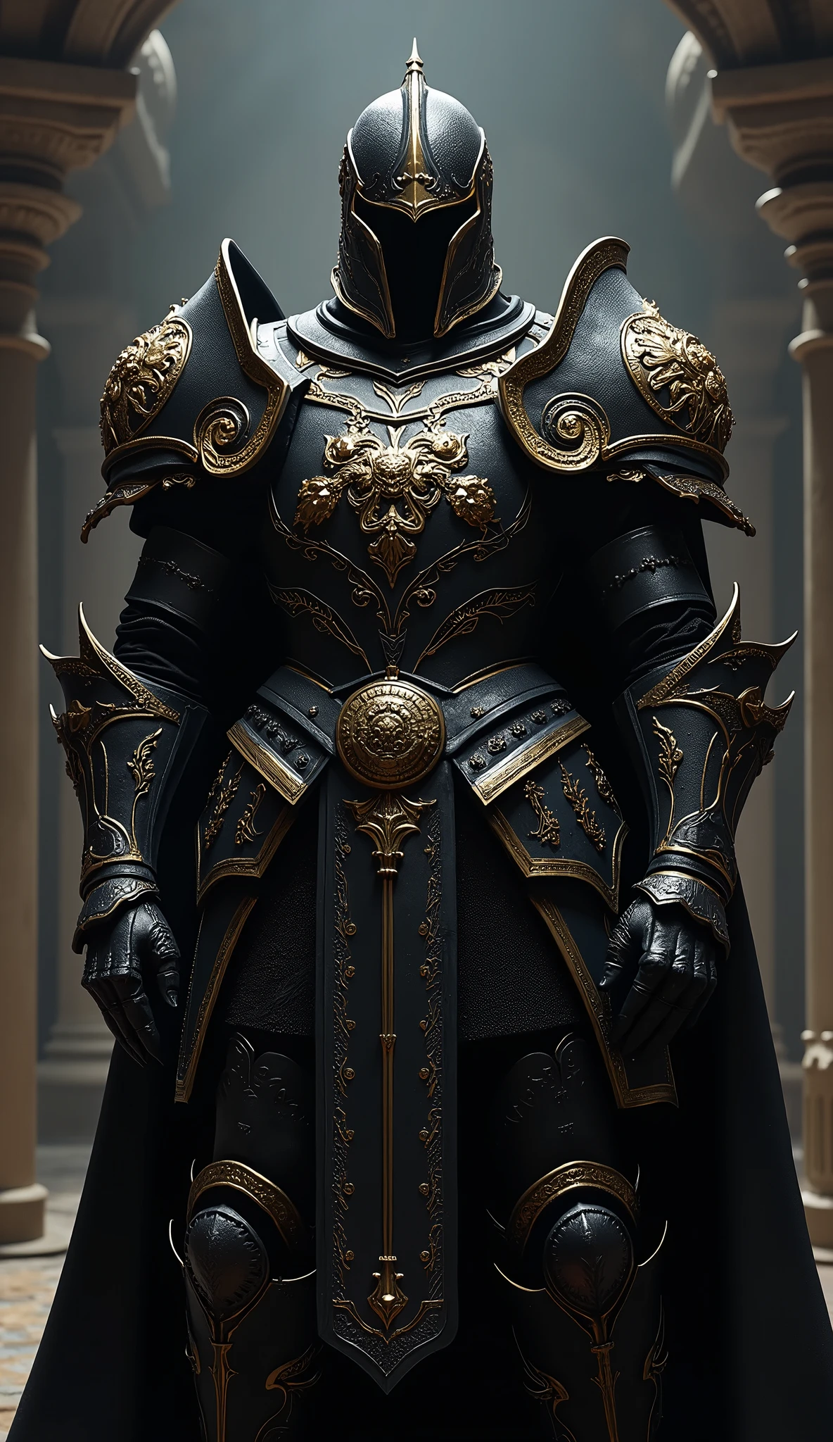 {
"size": "1024x1792",
"prompt": "A full-body portrait of Kael Valaran, the Lord Commander of the Iron Talons, wearing highly realistic, masterfully crafted black armor adorned with intricate gold ornaments. The armor features a detailed and imposing cuirass and helmet that signify his high status and battlefield prowess. Kael stands in a powerful and confident pose, his gaze sharp and commanding. The setting is a dimly lit, shadowy hall with subtle hints of a dark fantasy world, and soft, dramatic lighting that emphasizes the textures and details of his armor. The art style is ultra-realistic and richly detailed, capturing the formidable and authoritative presence of Kael Valaran."
}