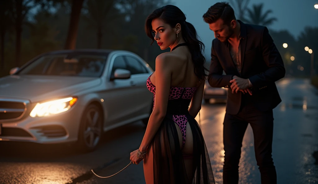 photorealism: 1.2), beautiful black-haired girl with Nordic features, upturned nose, blue eyes, full lips, makeup, red lipstick, big huge breasts, long transparent black evening dress that reveals her bottom in a pink leopard-print thong with deep neckline and slit, car headlights at night in front of the wife walking on a leash on all fours tied to a collar around the neck doggy style pose, eyes raised and mouth out, profile view from above, the husband and another man look and touch her doggy style pose