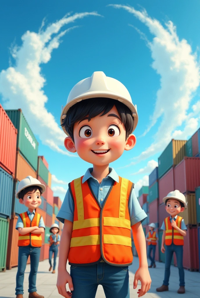 Hello, I want a picture of a cute international businessman, young, Happy and smiling,with big eyes and short hair, Studio Ghibli themed. In the background there is a blue circular watercolor with clouds, the port in the background with containers and a text above that says International business. More lively and with an orange safety vest and white helmet, make it more Ghibli style, and now he is with his coworkers while they sort containers