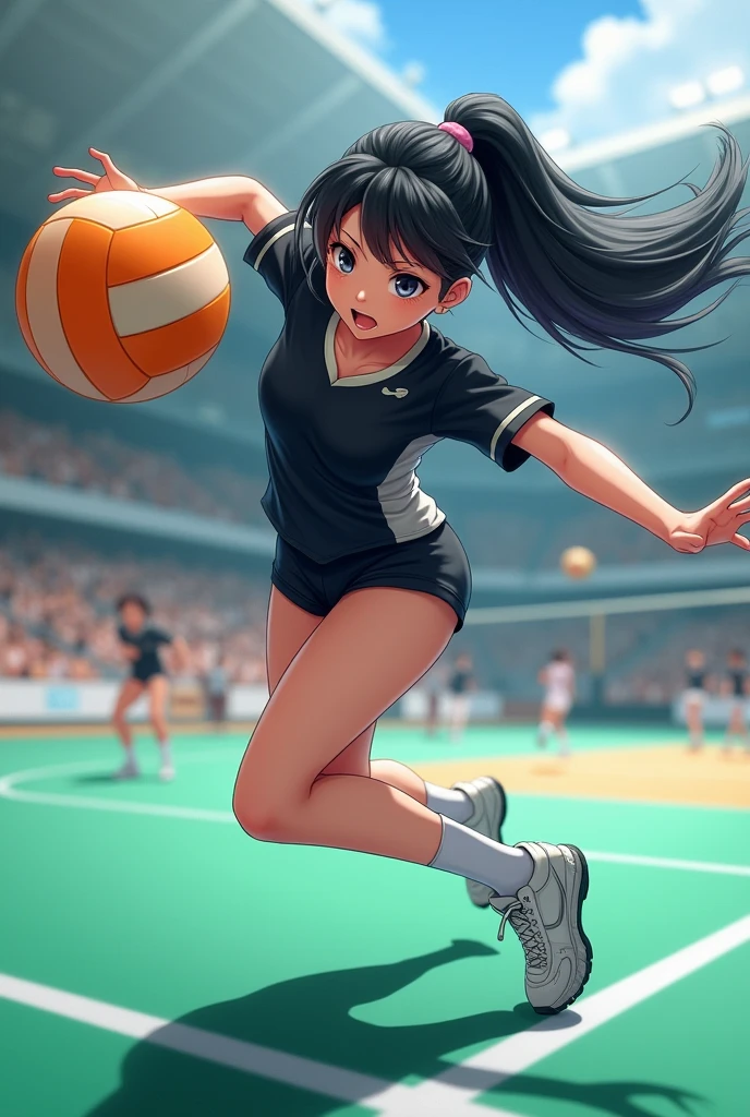 a girl with black hair and black clothes playing volleyball on the court
