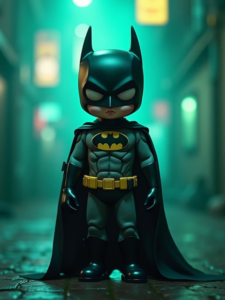 cute scary batman with mobile, full body ultra-realistic, cinematic lights, details, blurred elements around, green and blue gradient colors, 8k