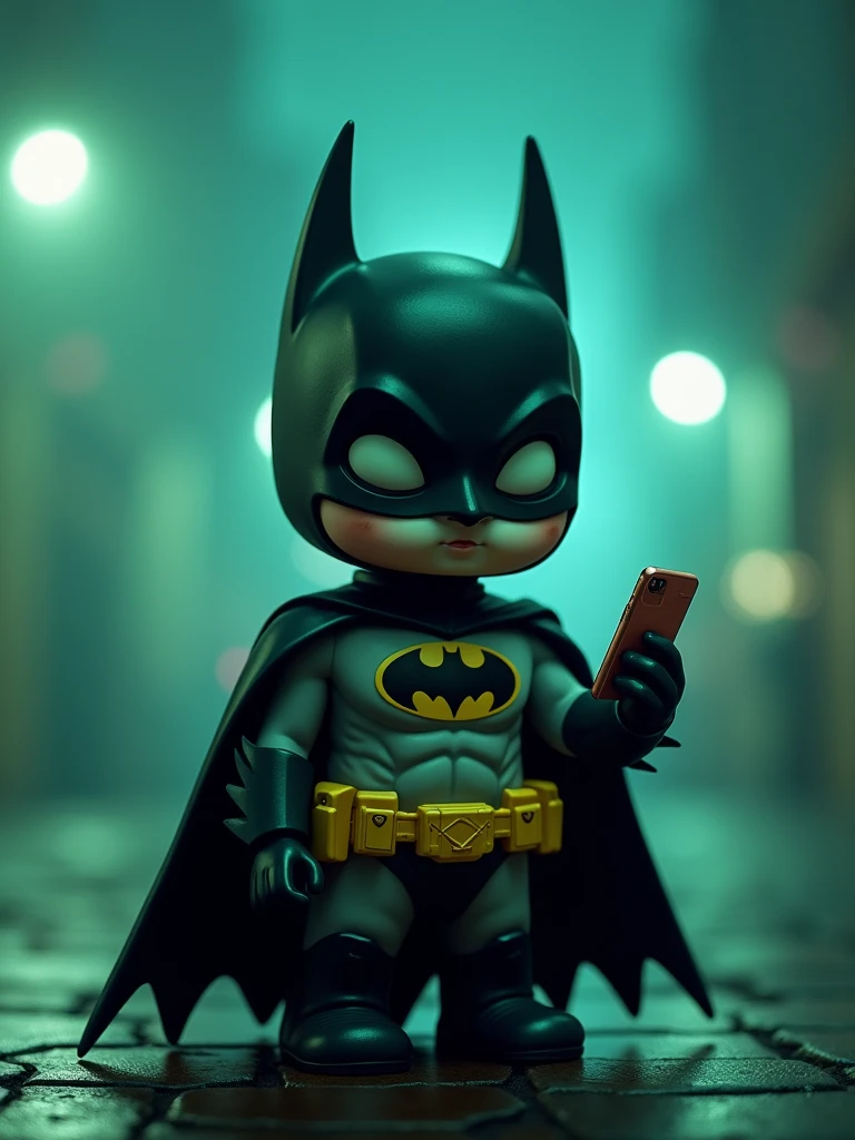 cute scary batman with mobile, full body ultra-realistic, cinematic lights, details, blurred elements around, green and blue gradient colors, 8k