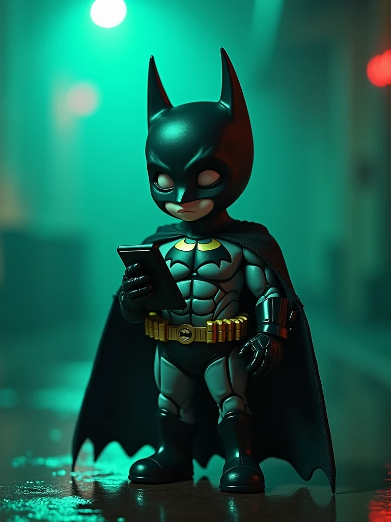cute scary batman with mobile, full body ultra-realistic, cinematic lights, details, blurred elements around, green and blue gradient colors, 8k