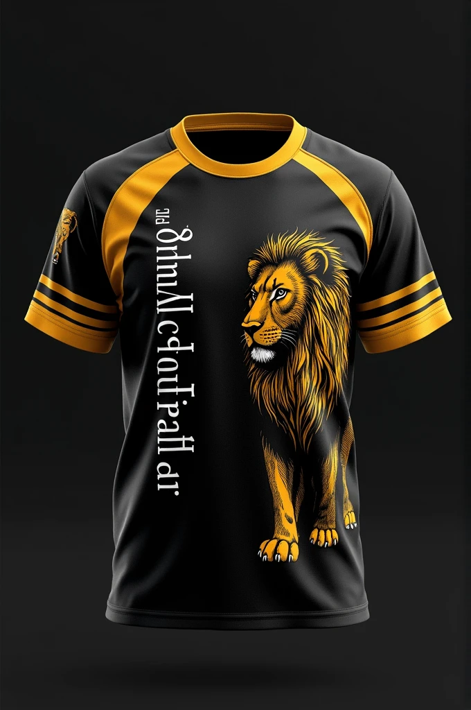 Create a black and gold shirt with the name Philadelphia Presbyterian Church on the front in white, with a lion on the back