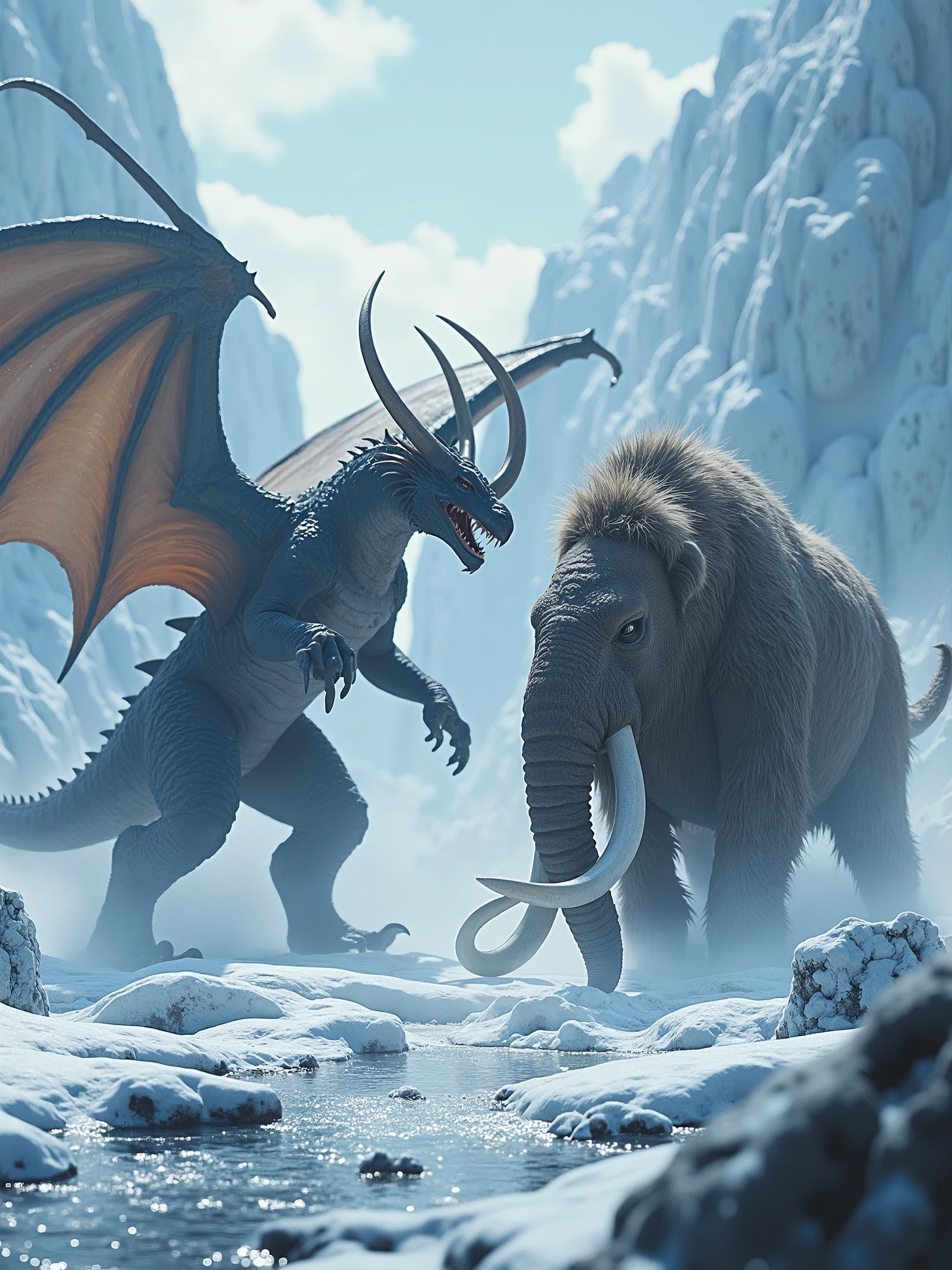 a dragón and a mammoth fighting in a cold place full of ice, 9:16, realistic