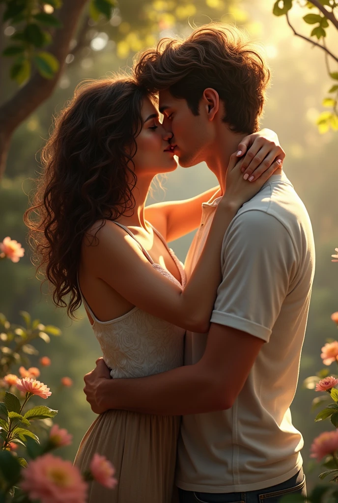 A couple kissing a brunette woman with curly hair and a white man