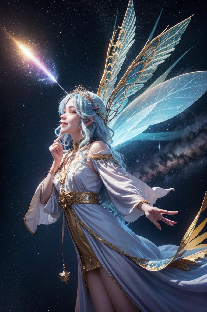 (trippy art:1.5)(Full body photo:1.0)from the above(wide wide shot:1.0),1 plump girl,the Flower Fairy, Transparent colorful wings, Magic wand,flatchest,Caucasians,Muscle tissue,Muscle spur tissue